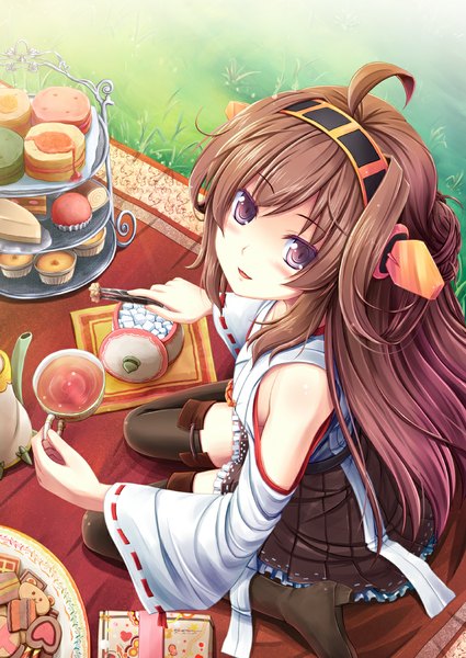 Anime picture 765x1080 with kantai collection kongou battleship akashio (loli ace) single long hair tall image looking at viewer blush open mouth brown hair sitting purple eyes ahoge from above wariza looking up nontraditional miko picnic girl hair ornament