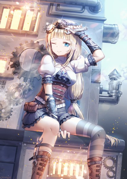 Anime-Bild 700x980 mit original roang single long hair tall image looking at viewer fringe breasts blonde hair smile sitting holding payot ponytail blunt bangs pleated skirt one eye closed arm up aqua eyes arm support