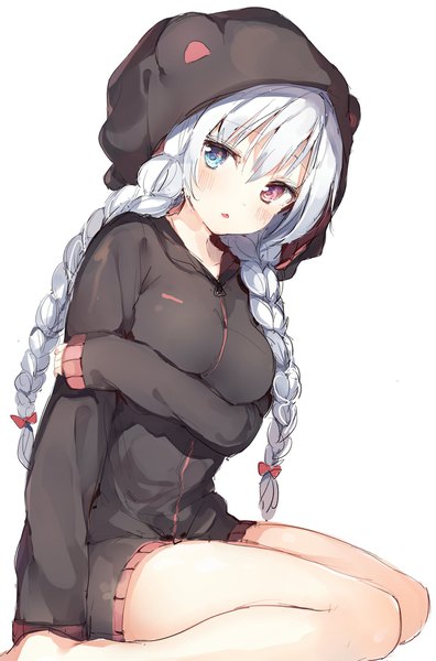 Anime picture 1351x2048 with original umibouzu (niito) single long hair tall image looking at viewer blush fringe breasts blue eyes simple background hair between eyes red eyes large breasts white background sitting payot silver hair bent knee (knees) braid (braids)