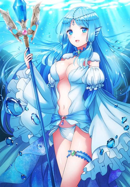 Anime picture 1600x2300 with original nanashiki fuuka single long hair tall image looking at viewer blush breasts open mouth blue eyes light erotic smile blue hair wide sleeves girl dress navel detached sleeves water water drop