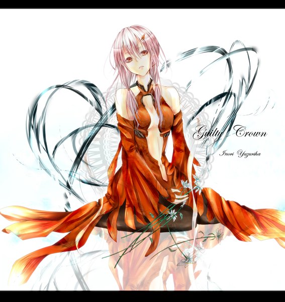 Anime picture 1750x1850 with guilty crown production i.g yuzuriha inori nuko (62ys18) single long hair tall image highres red eyes bare shoulders pink hair reflection letterboxed center opening girl hair ornament flower (flowers) detached sleeves hairclip bodysuit