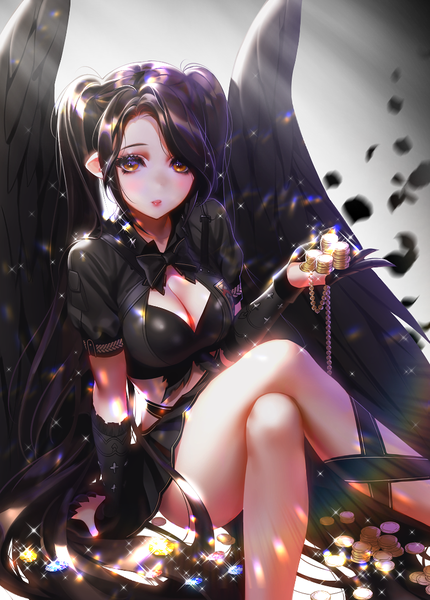 Anime picture 781x1090 with mabinogi zenke single long hair tall image looking at viewer blush fringe breasts open mouth light erotic black hair large breasts sitting twintails holding brown eyes cleavage pointy ears arm support
