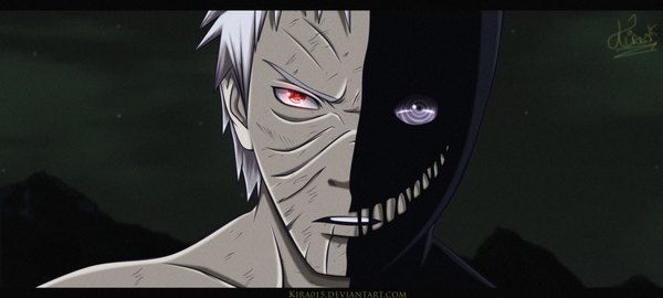 Anime picture 2835x1276 with naruto studio pierrot naruto (series) uchiha obito tobi kira015 single highres red eyes wide image purple eyes sky cloud (clouds) night night sky heterochromia coloring scar close-up mountain