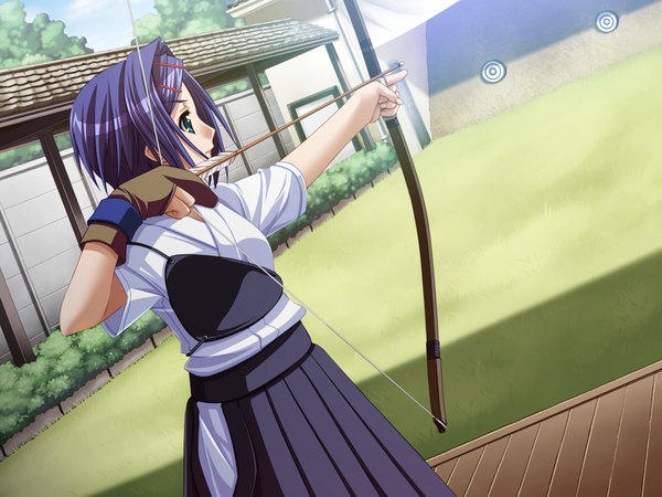 Anime picture 1024x768 with hime to majin to koi suru tamashii green eyes game cg purple hair girl weapon bow (weapon)