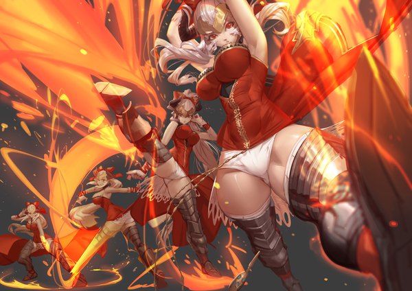 Anime picture 4961x3508 with granblue fantasy aliza (granblue fantasy) jojaow long hair looking at viewer highres breasts light erotic simple background red eyes large breasts absurdres silver hair ponytail arms up multiview draph kick girl bow