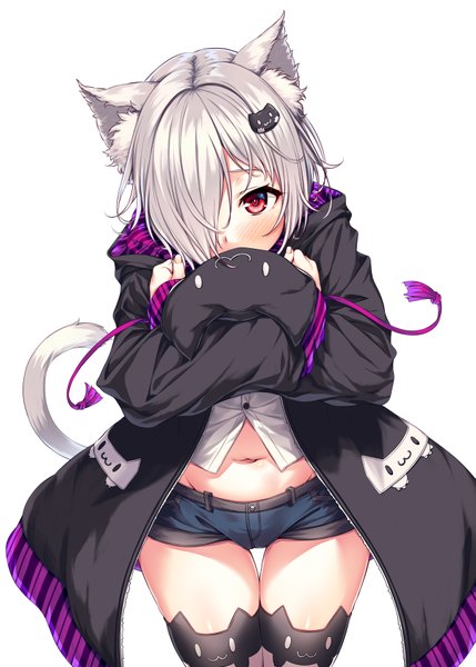 Anime picture 2591x3624 with original kuon (hasumi (hasubatake39)) hasumi (hasubatake39) single tall image looking at viewer blush fringe highres short hair simple background red eyes standing white background animal ears silver hair tail animal tail cat ears hair over one eye