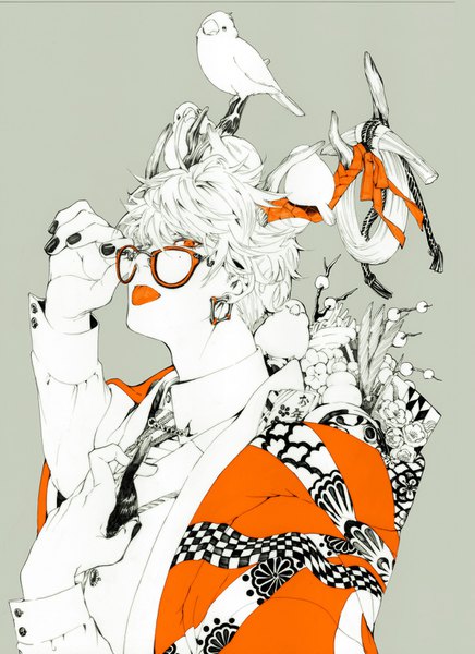 Anime picture 1090x1500 with original fasna single tall image looking at viewer short hair simple background upper body white hair long sleeves nail polish horn (horns) grey background mole orange eyes mole under eye clothes on shoulders adjusting glasses animal on head polychromatic