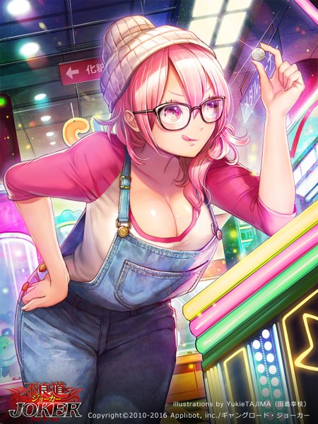 Anime picture 1000x1333 with joker ~gang road~ tajima yukie single long hair tall image fringe breasts light erotic smile hair between eyes large breasts standing holding signed payot looking away pink hair cleavage indoors pink eyes