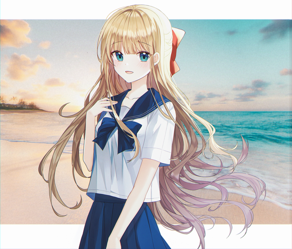 Anime picture 2000x1704 with original seno (senohime) single long hair looking at viewer blush fringe highres open mouth blue eyes blonde hair smile standing sky cloud (clouds) outdoors blunt bangs :d wind short sleeves