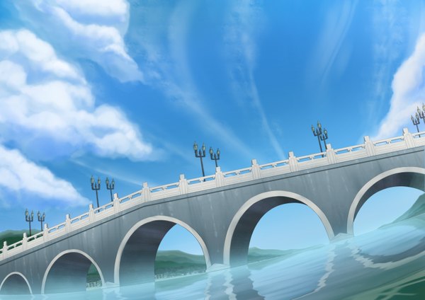 Anime picture 5787x4092 with original brianchan.t.w highres absurdres sky cloud (clouds) no people landscape river lantern bridge lamppost