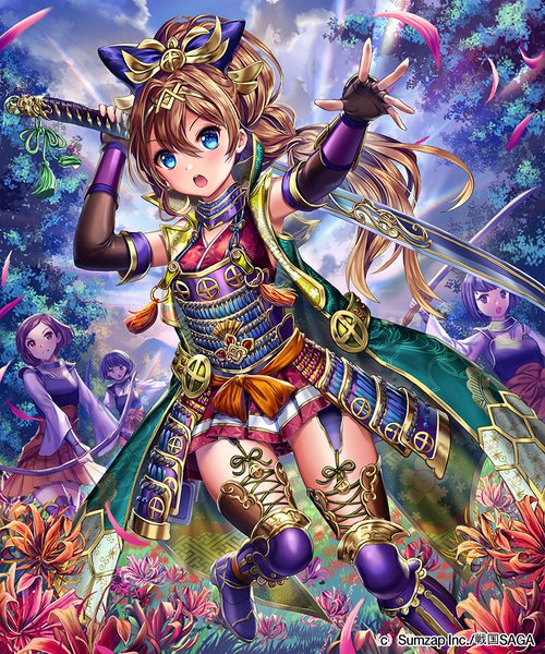 Anime picture 833x1000 with sengoku saga esphy long hair tall image looking at viewer blush fringe short hair open mouth blue eyes hair between eyes brown hair multiple girls holding brown eyes sky cloud (clouds) outdoors ponytail traditional clothes