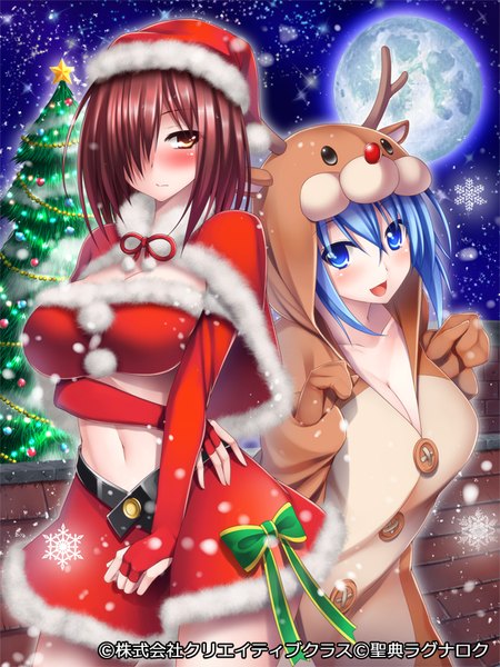 Anime picture 600x800 with seiten ragnarok pochadon tall image looking at viewer blush fringe short hair open mouth blue eyes light erotic multiple girls yellow eyes blue hair red hair hair over one eye fur trim snowing christmas girl skirt