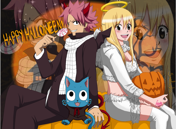 Anime picture 1600x1181 with fairy tail lucy heartfilia natsu dragneel happy (fairy tail) smaliorsha long hair blush short hair open mouth blonde hair smile pink hair black eyes inscription tattoo grin halloween angel wings bat wings zoom layer