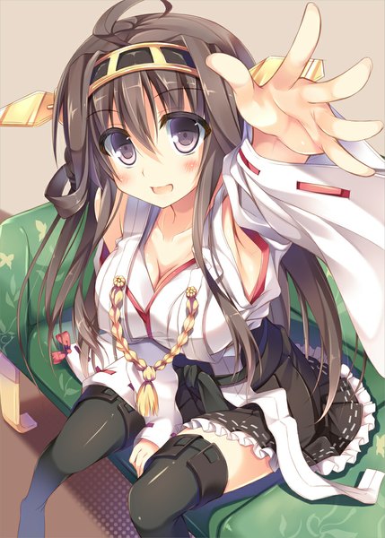 Anime picture 786x1100 with kantai collection kongou battleship nozomi tsubame single long hair tall image looking at viewer blush breasts open mouth brown hair large breasts purple eyes cleavage ahoge traditional clothes japanese clothes hair bun (hair buns) zettai ryouiki outstretched hand