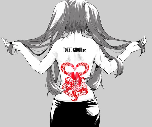 Anime picture 1563x1304 with tokyo ghoul tokyo ghoul:re studio pierrot yonebayashi saiko noppo single long hair simple background standing twintails bare shoulders nail polish from behind inscription grey background tattoo copyright name monochrome spread arms topless