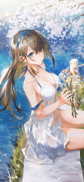 Anime picture 3032x6562 with original swkl:d single long hair tall image looking at viewer fringe highres breasts blue eyes light erotic brown hair large breasts sitting bare shoulders holding absurdres cleavage ahoge outdoors
