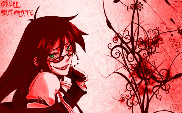 Anime picture 1280x800 with kuroshitsuji a-1 pictures grell sutcliff single long hair looking at viewer smile wide image green eyes ahoge red hair teeth sharp teeth boy gloves glasses