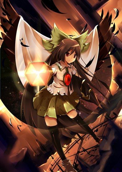 Anime picture 800x1131 with touhou reiuji utsuho baisi shaonian single tall image looking at viewer red eyes brown hair very long hair magic starry sky print single shoe arm cannon girl thighhighs skirt bow weapon black thighhighs hair bow