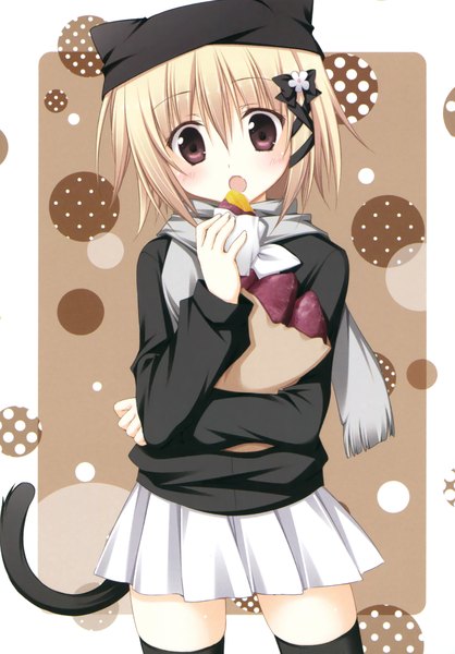 Anime picture 1609x2311 with alice or alice mako (alice or alice) korie riko single tall image looking at viewer blush fringe short hair open mouth simple background blonde hair hair between eyes standing holding brown eyes tail long sleeves animal tail :o