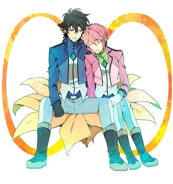 Anime picture 990x1052 with mobile suit gundam mobile suit gundam 00 sunrise (studio) setsuna f seiei feldt grace yuzumame tall image short hair black hair simple background red eyes white background sitting looking away pink hair eyes closed light smile spread legs couple alternate hairstyle