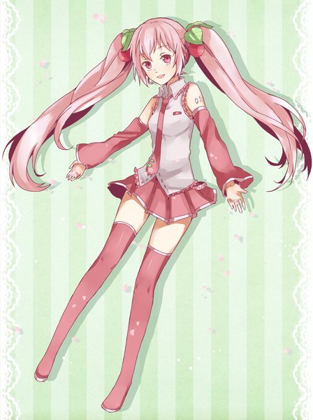 Anime picture 1316x1762 with vocaloid hatsune miku sakura miku mihane0vl single long hair tall image twintails pink hair pink eyes girl thighhighs skirt detached sleeves miniskirt petals necktie food berry (berries) cherry