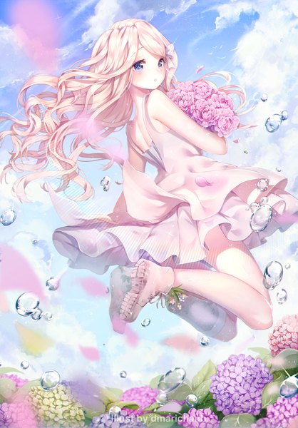 Anime picture 1024x1471 with original dmarichanb single long hair tall image blush fringe blue eyes blonde hair bare shoulders signed sky cloud (clouds) full body outdoors parted lips looking back wind sparkle watermark