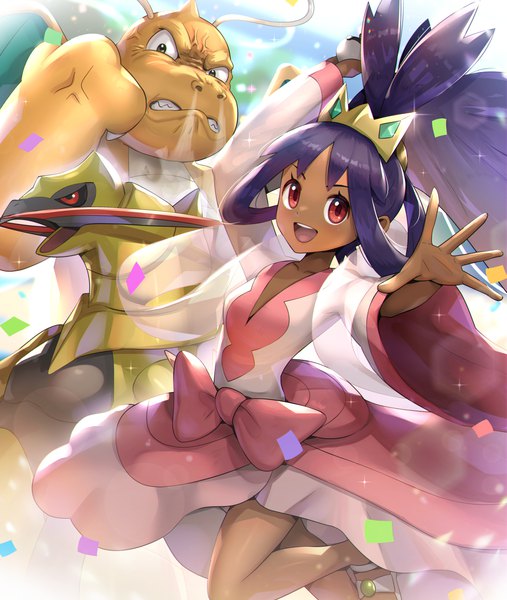 Anime picture 1500x1776 with pokemon pokemon black and white nintendo dragonite iris (pokemon) haxorus gonzarez single long hair tall image looking at viewer blush fringe open mouth smile red eyes standing purple hair :d wide sleeves