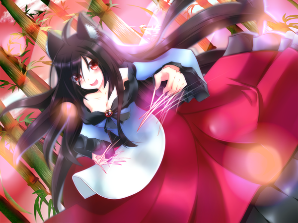 Anime picture 1000x750 with touhou imaizumi kagerou tkfm single long hair blush open mouth black hair red eyes animal ears girl dress plant (plants) claws bamboo