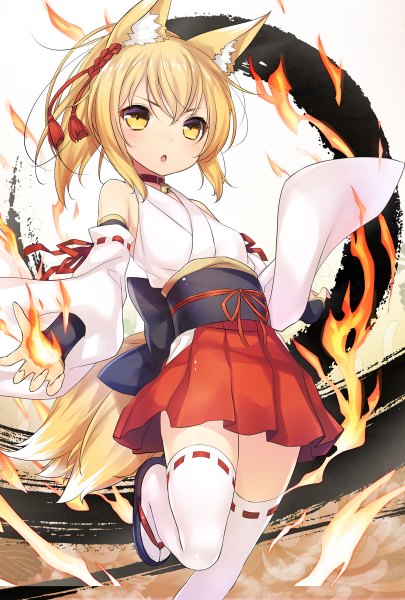 Anime picture 810x1200 with original 47agdragon single long hair tall image looking at viewer blush fringe open mouth blonde hair hair between eyes bare shoulders animal ears yellow eyes bent knee (knees) ponytail tail traditional clothes japanese clothes animal tail