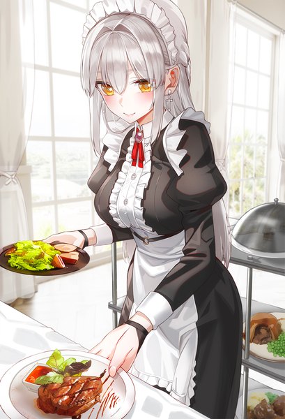 Anime picture 852x1250 with original kfr single long hair tall image blush fringe breasts smile hair between eyes standing holding yellow eyes payot silver hair indoors long sleeves maid puffy sleeves looking down