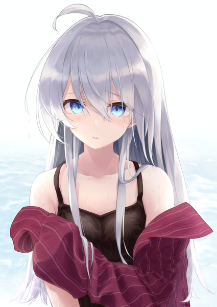 Anime picture 2991x4227 with majo no tabitabi elaina (majo no tabitabi) minau37 single long hair tall image looking at viewer blush fringe highres open mouth blue eyes simple background hair between eyes white background bare shoulders upper body ahoge grey hair open jacket