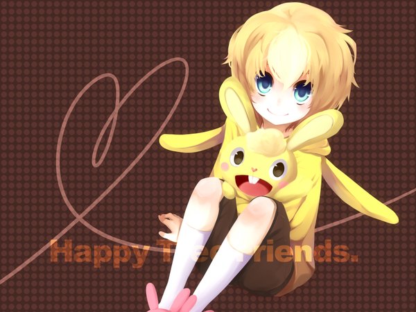 Anime picture 1600x1200 with happy tree friends cuddles murasaki tsuki sayaka (artist) single short hair open mouth blue eyes blonde hair smile sitting hug personification boy shoes shorts slippers