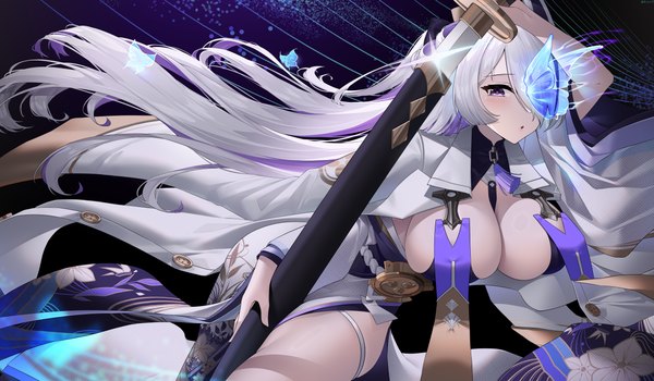 Anime picture 4964x2894 with azur lane unzen (azur lane) jfzm001 single long hair looking at viewer blush fringe highres breasts light erotic wide image large breasts purple eyes absurdres purple hair white hair traditional clothes japanese clothes multicolored hair