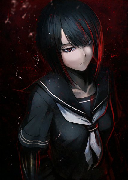 Anime picture 621x875 with original hetza (hellshock) single tall image looking at viewer fringe short hair black hair red eyes upper body red hair multicolored hair two-tone hair angry girl uniform serafuku