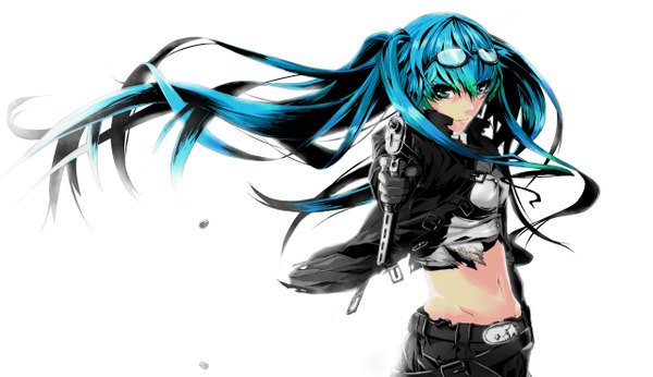 Anime picture 2560x1480 with vocaloid hatsune miku fuyugasumi long hair looking at viewer fringe highres simple background wide image white background twintails holding aqua hair alternate costume torn clothes sunglasses on head girl gloves navel weapon