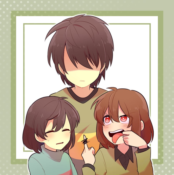 Anime picture 811x816 with undertale deltarune chara (undertale) frisk (undertale) kris katyouhuuget tall image fringe short hair open mouth simple background hair between eyes red eyes brown hair white background ahoge upper body eyes closed censored border