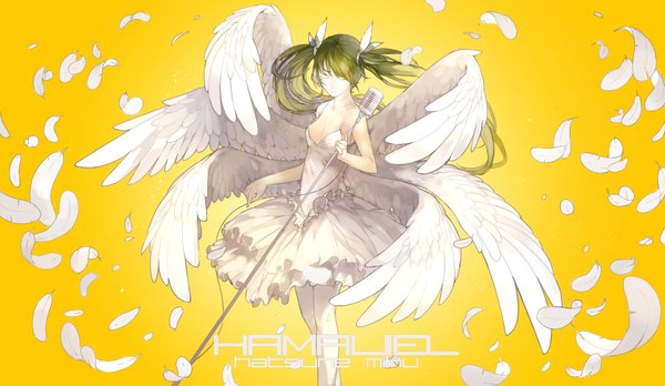 Anime picture 2081x1209 with vocaloid hatsune miku nine (liuyuhao1992) single long hair highres wide image twintails bare shoulders eyes closed green hair wind inscription angel wings yellow background multiple wings girl thighhighs dress white thighhighs