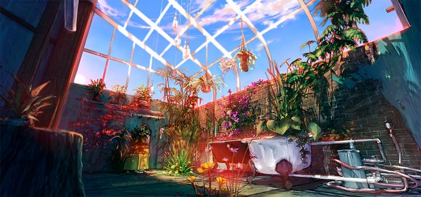 Anime picture 1500x706 with yuumei wide image signed sky no people flower (flowers) plant (plants) room bath water pipe