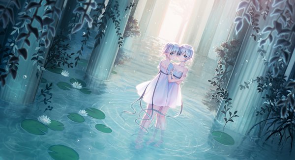 Anime picture 1200x653 with original megumu looking at viewer fringe short hair blue eyes hair between eyes wide image standing bare shoulders multiple girls silver hair full body looking back barefoot pointy ears from behind bare legs hug partially submerged