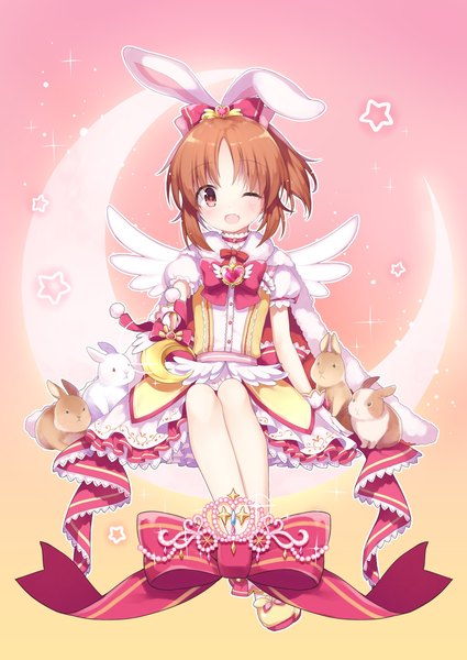 Anime picture 1359x1920 with idolmaster idolmaster cinderella girls idolmaster cinderella girls starlight stage abe nana risui (suzu rks) single tall image looking at viewer short hair open mouth brown hair animal ears full body ponytail one eye closed wink sparkle bunny ears ;d dreamin' usamin