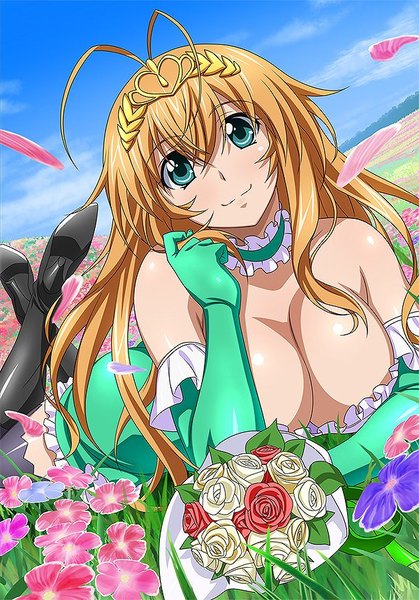 Anime picture 600x858 with ikkitousen sonsaku hakufu single long hair tall image looking at viewer breasts blue eyes light erotic blonde hair large breasts cleavage girl thighhighs dress gloves flower (flowers) black thighhighs petals elbow gloves