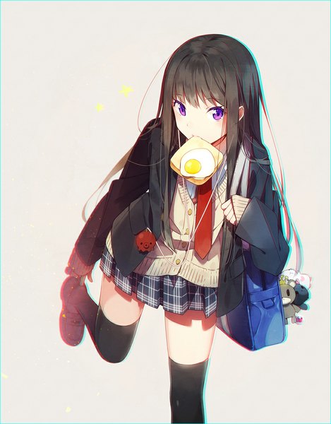 Anime picture 861x1100 with original hakusai (tiahszld) single long hair tall image looking at viewer black hair simple background white background purple eyes zettai ryouiki anaglyph toast in mouth girl thighhighs skirt uniform black thighhighs school uniform miniskirt