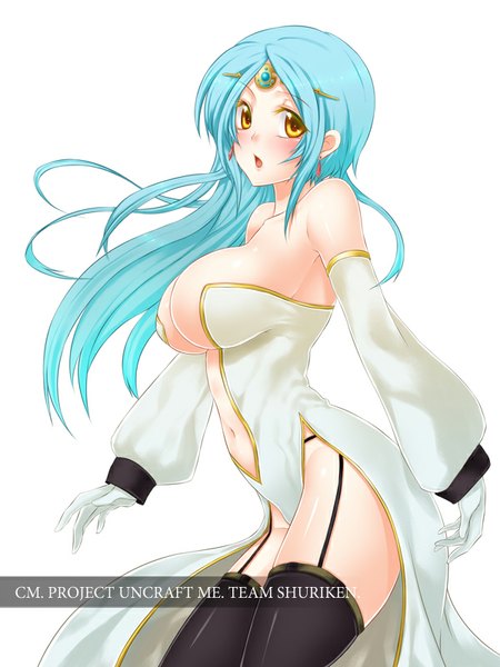 Anime picture 600x800 with uncraft me! (game) frea (uncraft me!) fuya (tempupupu) single long hair tall image looking at viewer blush breasts open mouth light erotic simple background large breasts white background yellow eyes blue hair :o girl thighhighs gloves