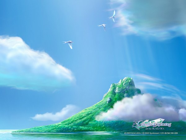 Anime picture 1600x1200 with kagaya sky cloud (clouds) flying landscape nature rock 3d animal bird (birds)