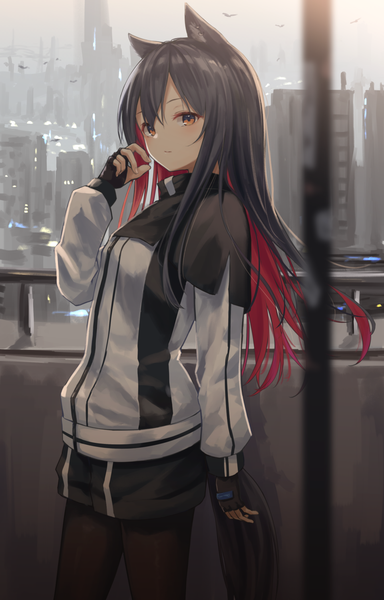 Anime picture 961x1500 with arknights texas (arknights) kinome noi single long hair tall image looking at viewer fringe black hair hair between eyes standing brown eyes animal ears red hair tail long sleeves animal tail multicolored hair arm up blurry