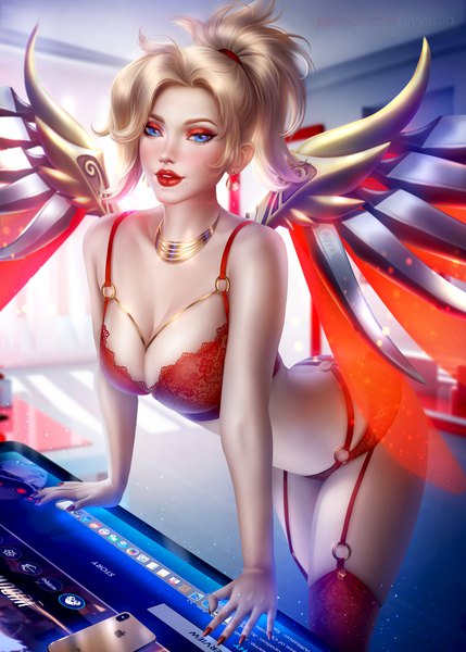 Anime picture 3001x4200 with overwatch blizzard entertainment apple inc. mercy (overwatch) ayyasap single tall image looking at viewer highres short hair breasts blue eyes light erotic blonde hair large breasts standing signed absurdres ponytail nail polish