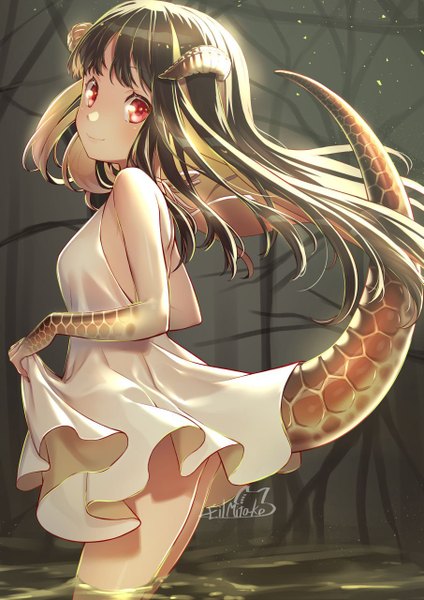 Anime picture 905x1280 with original mitake eiru single long hair tall image looking at viewer blush fringe black hair smile red eyes standing bare shoulders signed payot tail animal tail multicolored hair horn (horns) two-tone hair