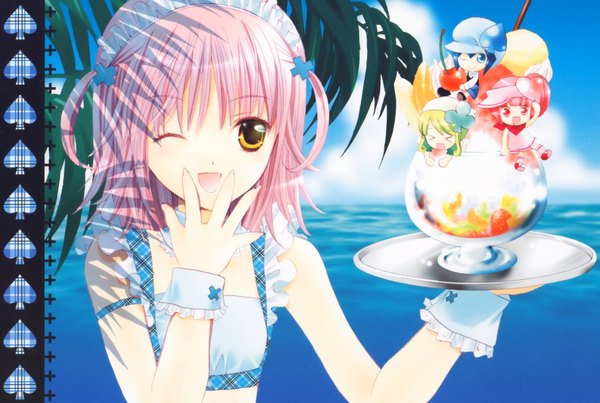 Anime picture 3895x2618 with shugo chara! hinamori amu ran (shugo chara!) suu (shugo chara!) miki (shugo chara!) peach-pit looking at viewer highres short hair open mouth multiple girls holding brown eyes pink hair upper body one eye closed wink scan two side up chibi