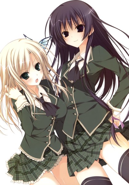 Anime picture 2446x3500 with boku wa tomodachi ga sukunai kashiwazaki sena mikazuki yozora inugami kira long hair tall image blush highres blue eyes black hair simple background blonde hair white background purple eyes multiple girls scan girl skirt uniform hair ornament