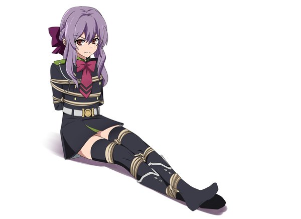 Anime picture 3808x2768 with owari no seraph wit studio hiiragi shinoa rinine single long hair looking at viewer fringe highres simple background white background brown eyes absurdres grey hair bondage girl thighhighs uniform bow black thighhighs